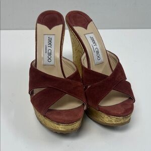 Jimmy Choo Red Suede and Gold Platform Sandals